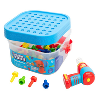 Blue bolt-it bucket with lid open showing colorful bolts and a toy drill