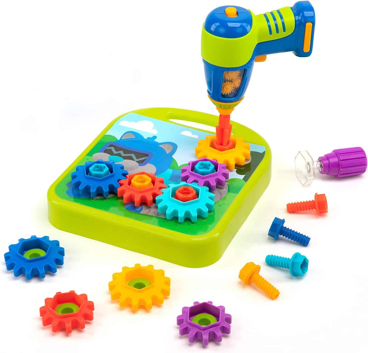 Blue and green toy drill with orange stand and colorful plastic gear pieces on tray
