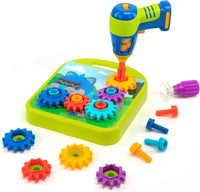 Blue and green toy drill with orange stand and colorful plastic gear pieces on tray