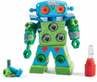 Design & Drill robot toy with blue head, green body panels and mechanical arms