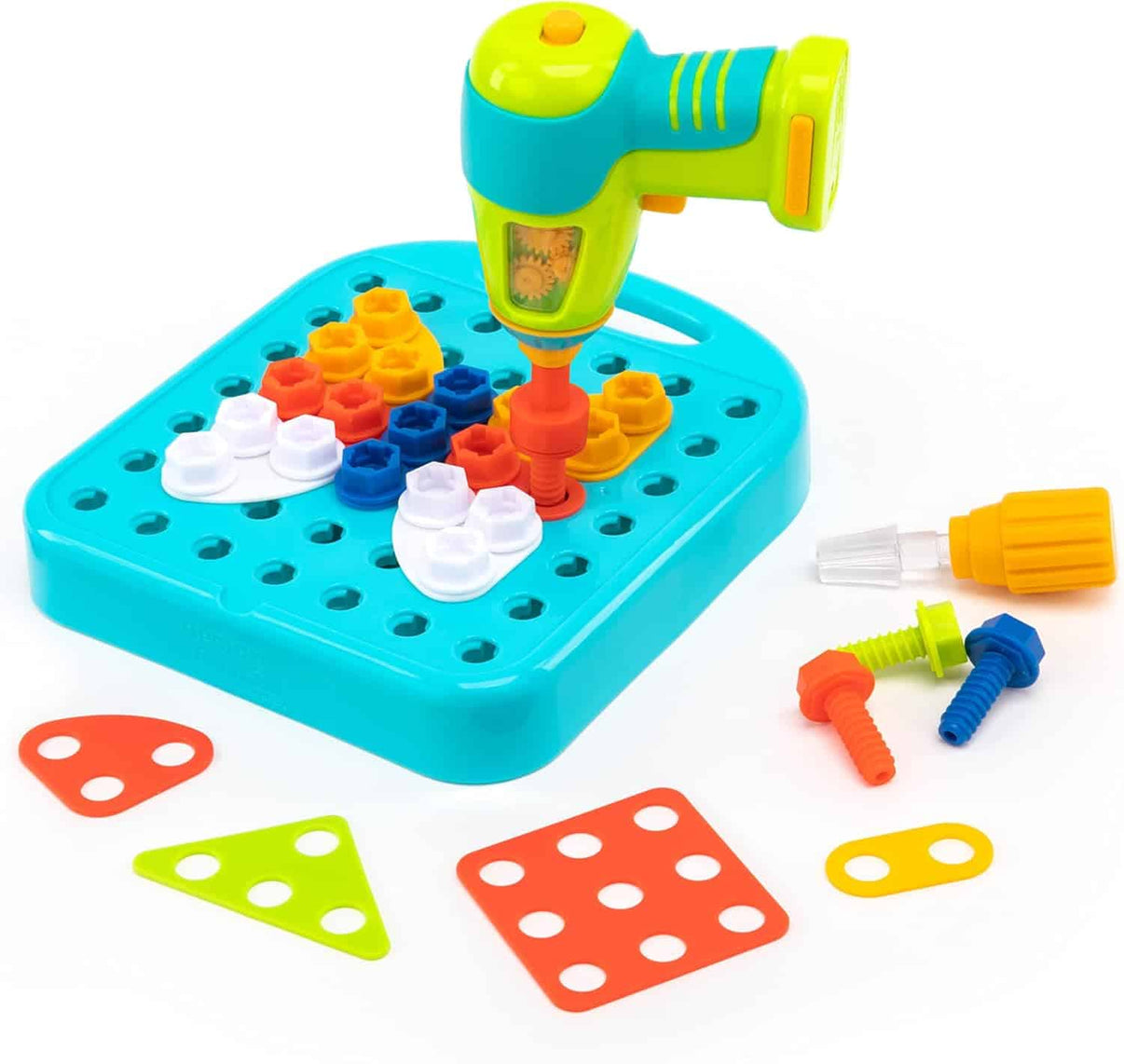 Blue shape drill board with colorful bolts and yellow-green drill tool