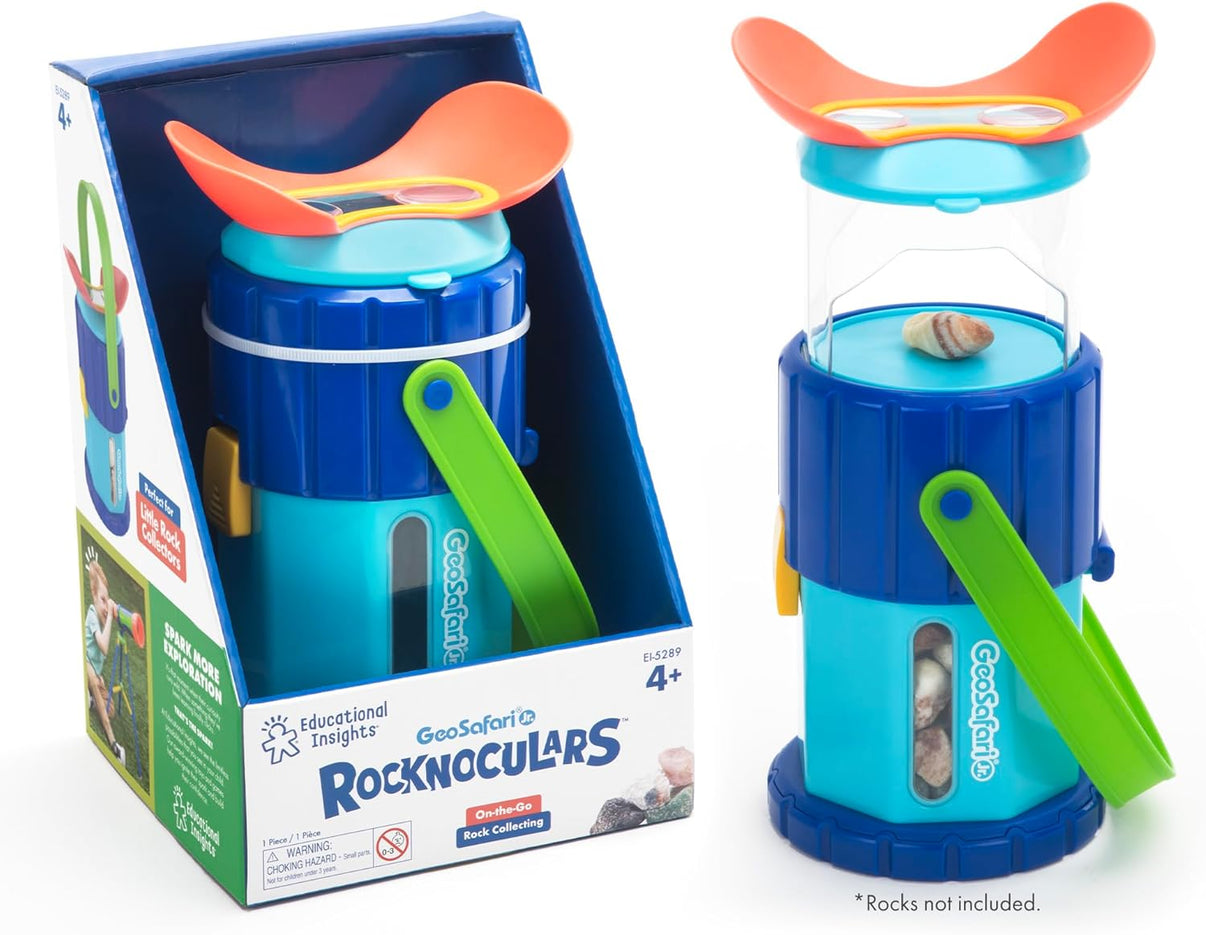 Retail box and blue rock microscope toy with green handle and orange binocular eyepieces