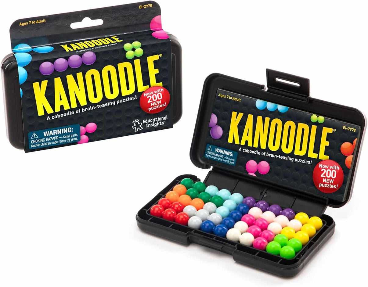 Kanoodle puzzle set box with colorful bead peg pieces and instructions