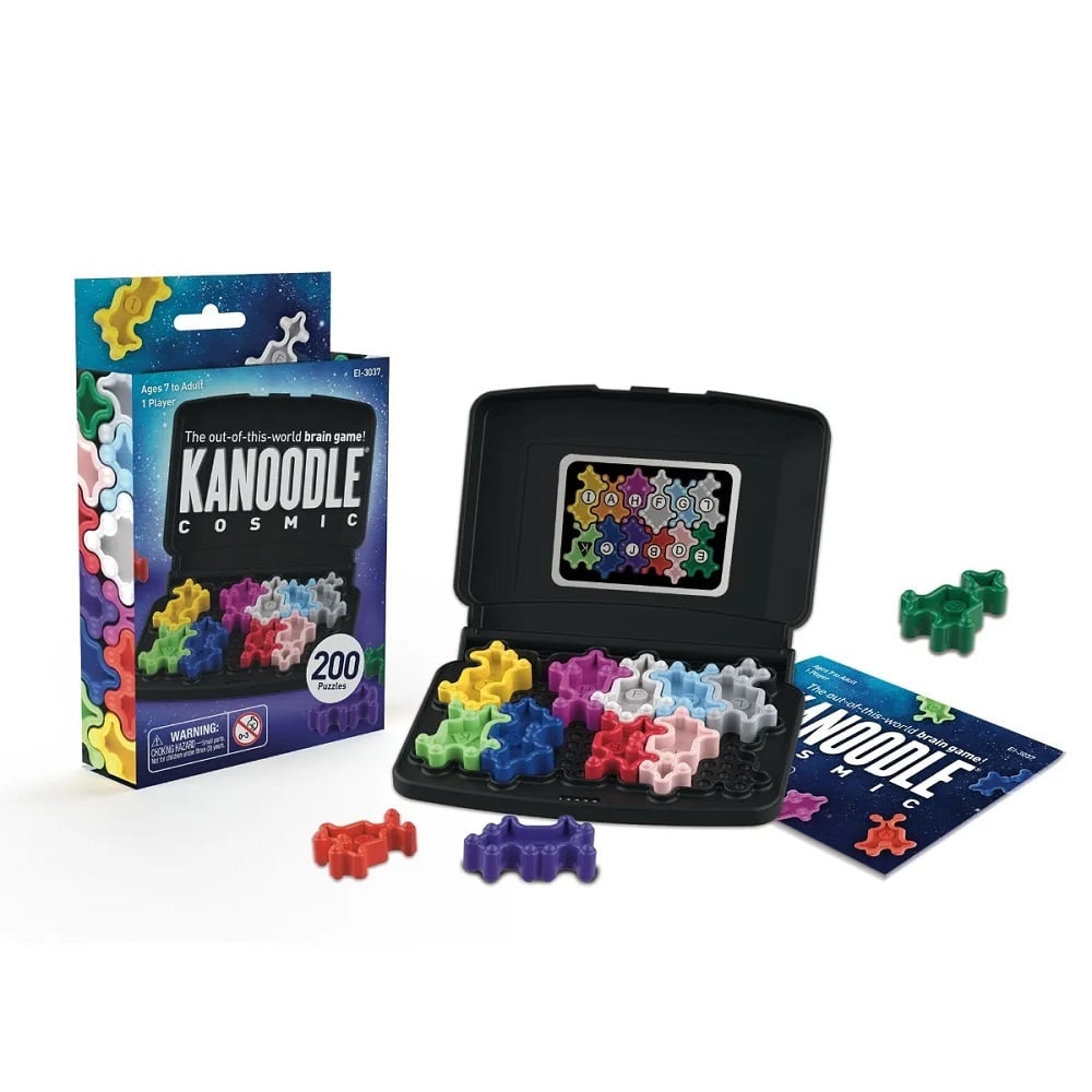 Colorful 3D jigsaw puzzle pieces with black storage case and blue challenge card