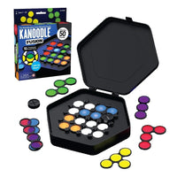 Portable logic puzzle board with black case and multicolor round pieces