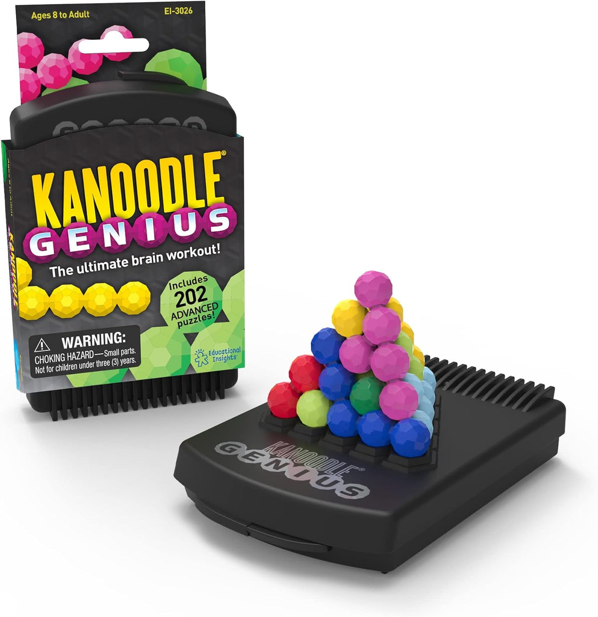 Kanoodle puzzle game set with black base and colorful ball pieces, in retail packaging