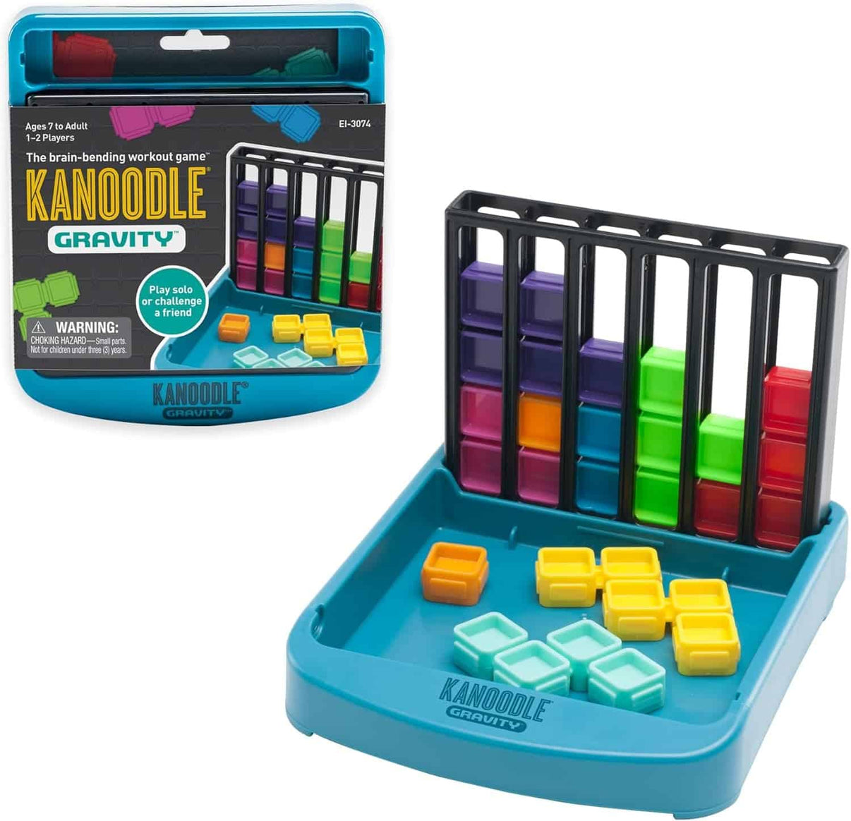 Kanoodle Gravity puzzle game tray with vertical color pegs and plastic tiles