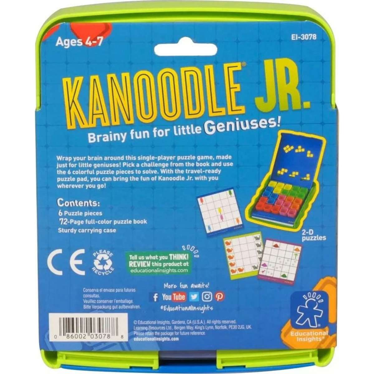 Kanoodle Jr puzzle game package back card with ages 4-7 details