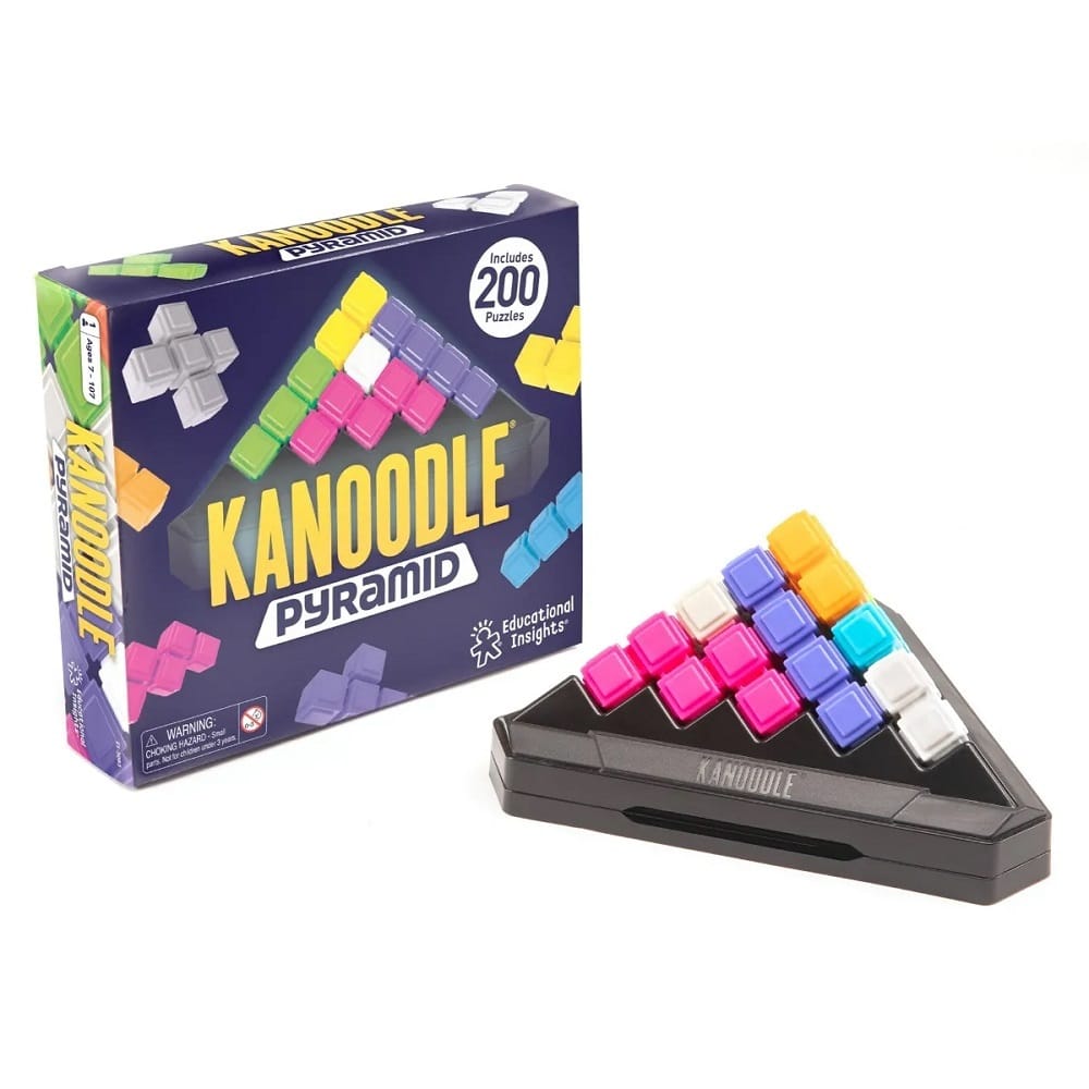 Kanoodle Pyramid puzzle set with colorful interlocking pieces and storage tray