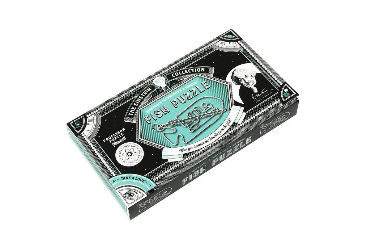 Fish puzzle box with black packaging and teal fish puzzle card