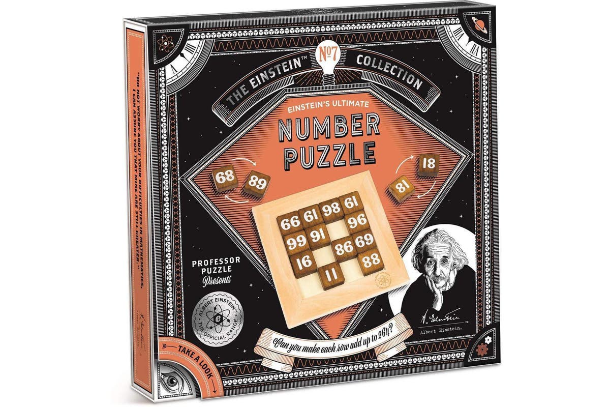Einstein's Number Puzzle boxed set with wooden number board and tile blocks
