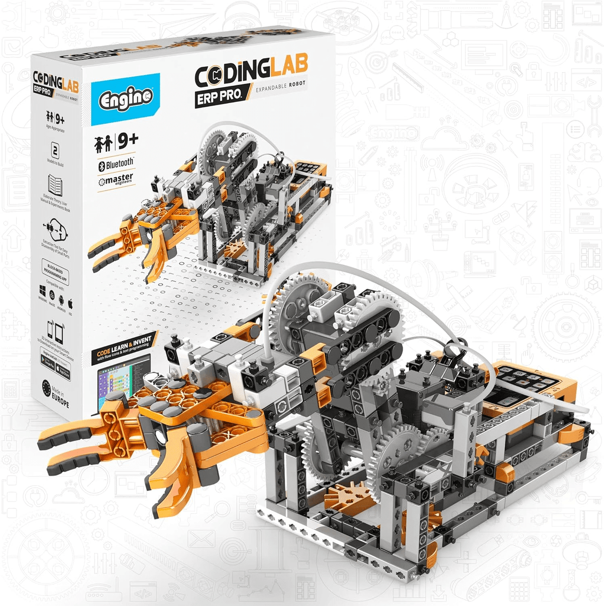 STEM robotics building set box with assembled orange-and-gray model parts