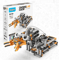 STEM robotics building set box with assembled orange-and-gray model parts