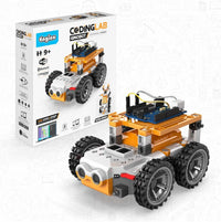 Orange and white educational robot with four wheels and built-in control board.