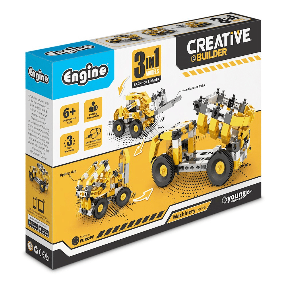 Creative Builder 3-in-1 machinery set box with yellow tipper truck artwork