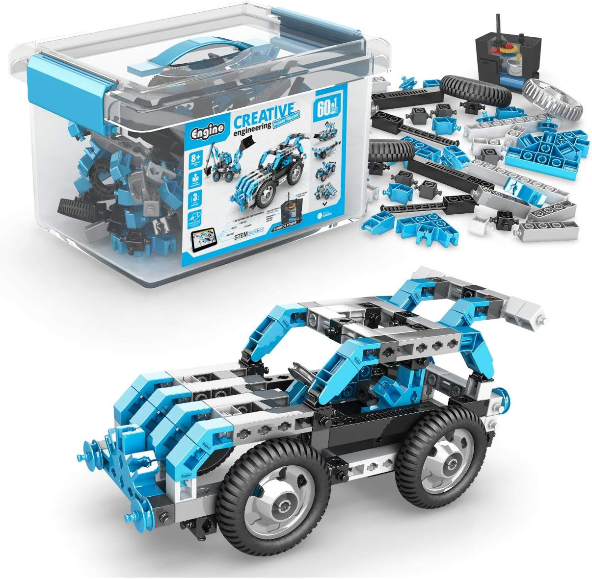 60-in-1 engineering building kit in clear plastic storage box with blue pieces