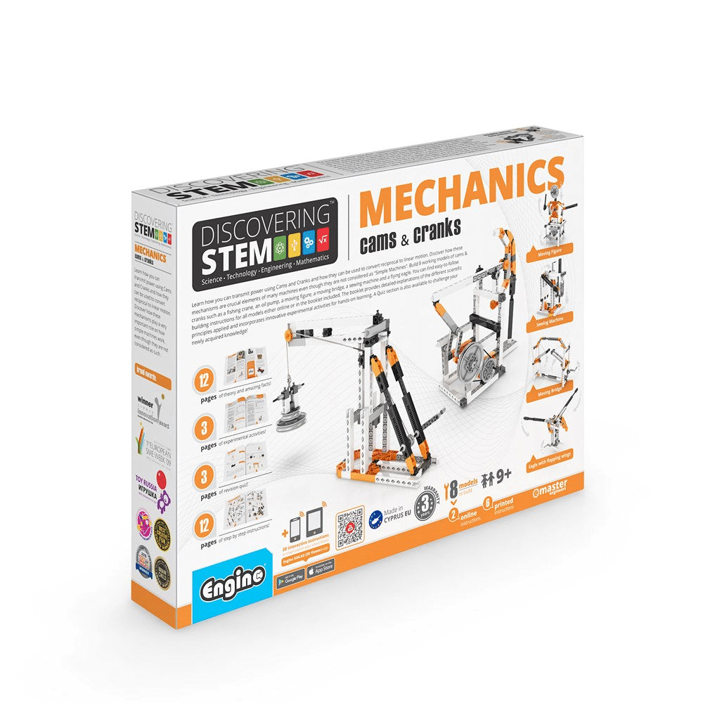 Engino STEM cams and cranks set box, orange and black packaging