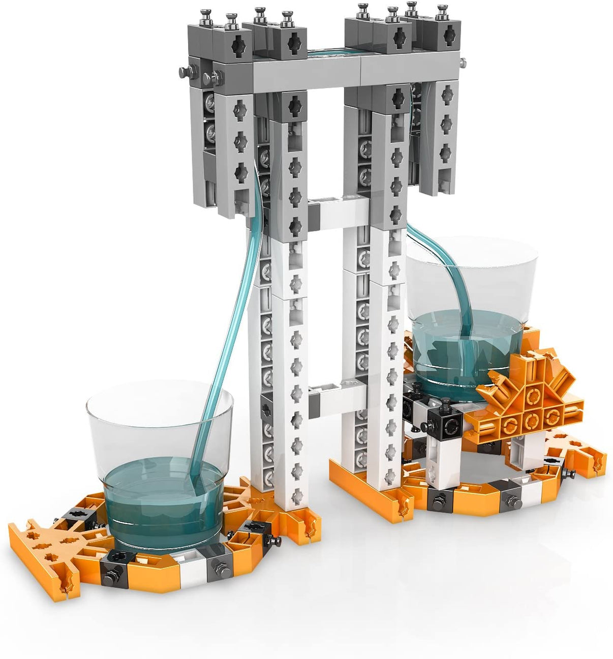 STEM fluid dynamics building kit model with water tubes and plastic beakers
