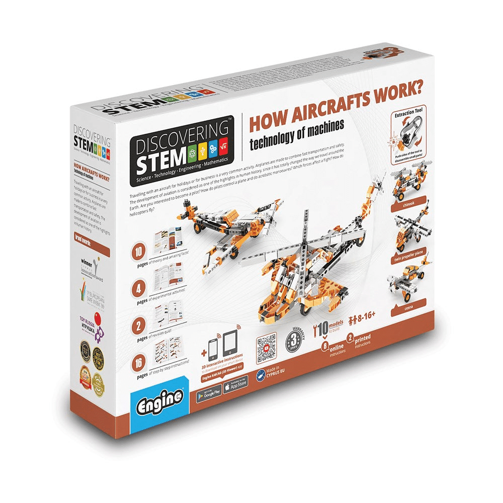 STEM aircraft-building set box with orange-and-white graphics and step instructions