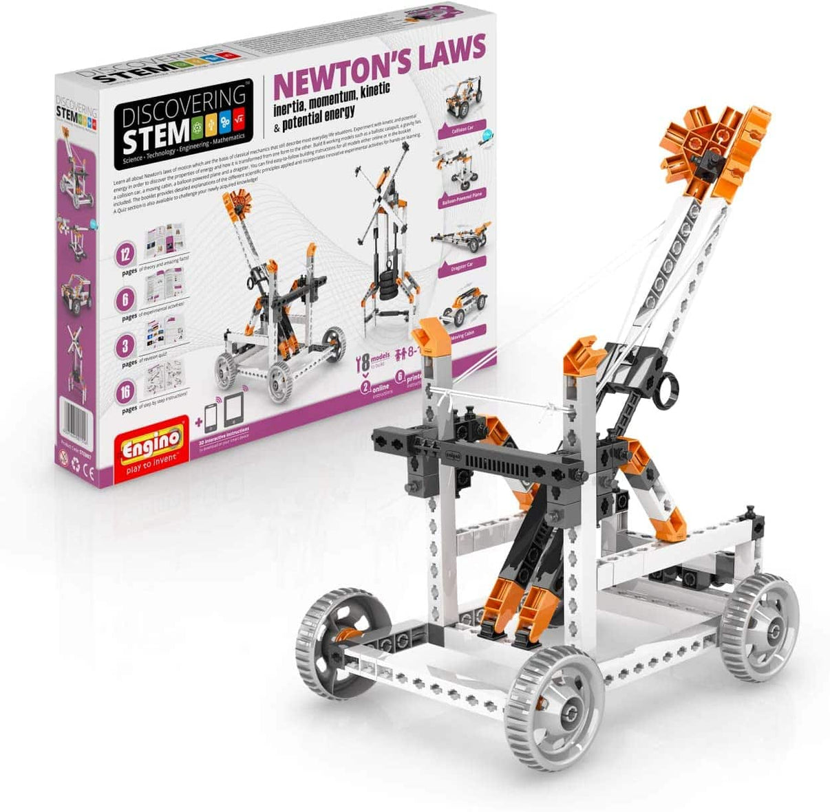 STEM construction kit box with Newton’s Laws model; orange parts and wheeled frame