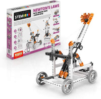STEM construction kit box with Newton’s Laws model; orange parts and wheeled frame
