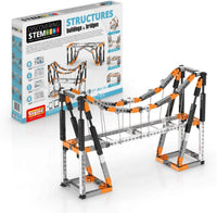 STEM construction bridge kit box with built orange-and-black bridge model