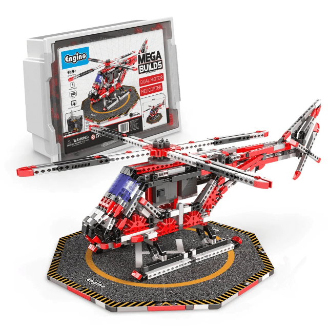 Dual motor helicopter building set model with red, white, and gray parts on base