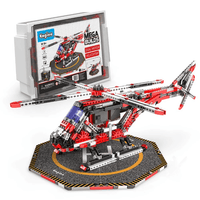 Dual motor helicopter building set model with red, white, and gray parts on base