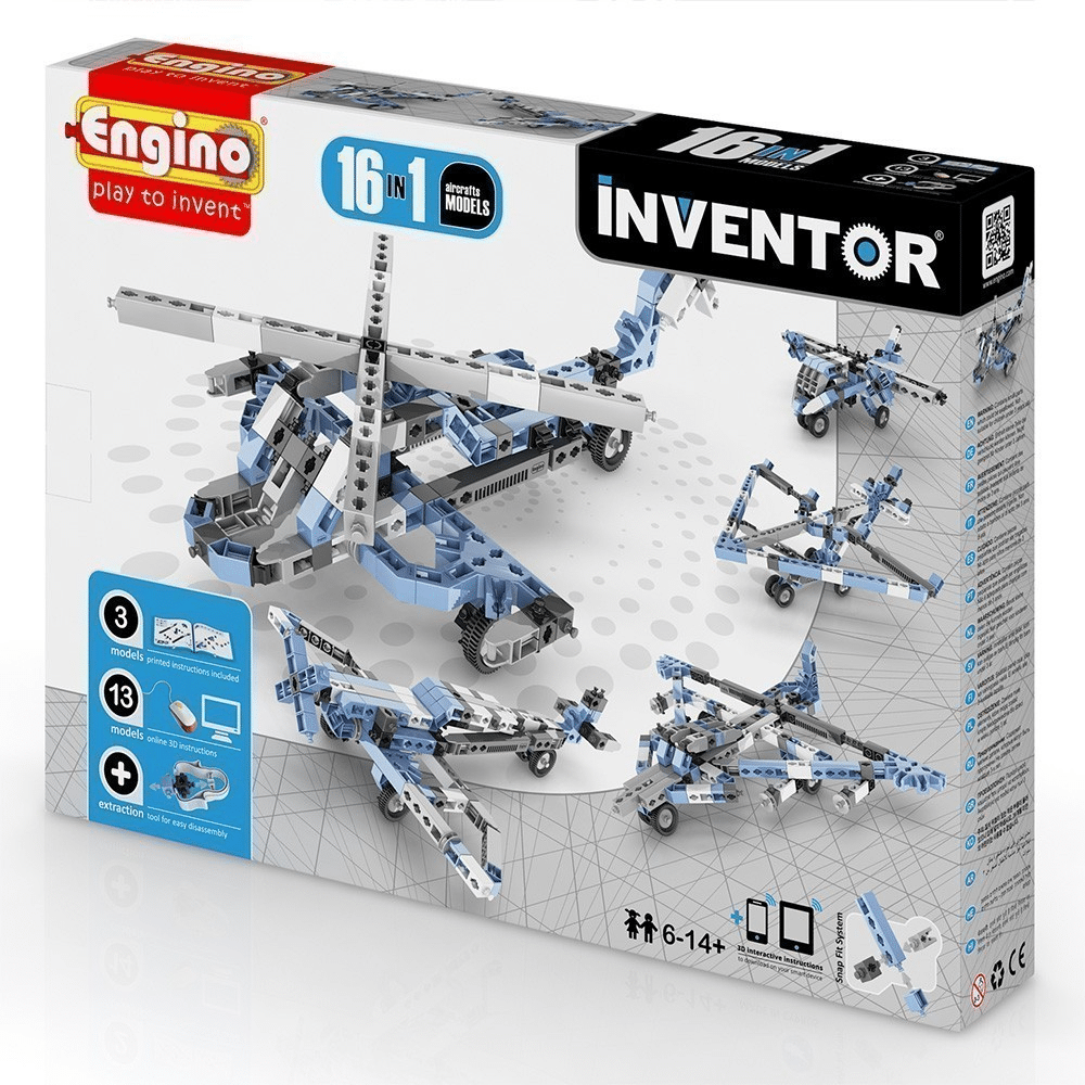 Aircraft model building set box, light-blue and gray planes, 16-in-1 inventor theme