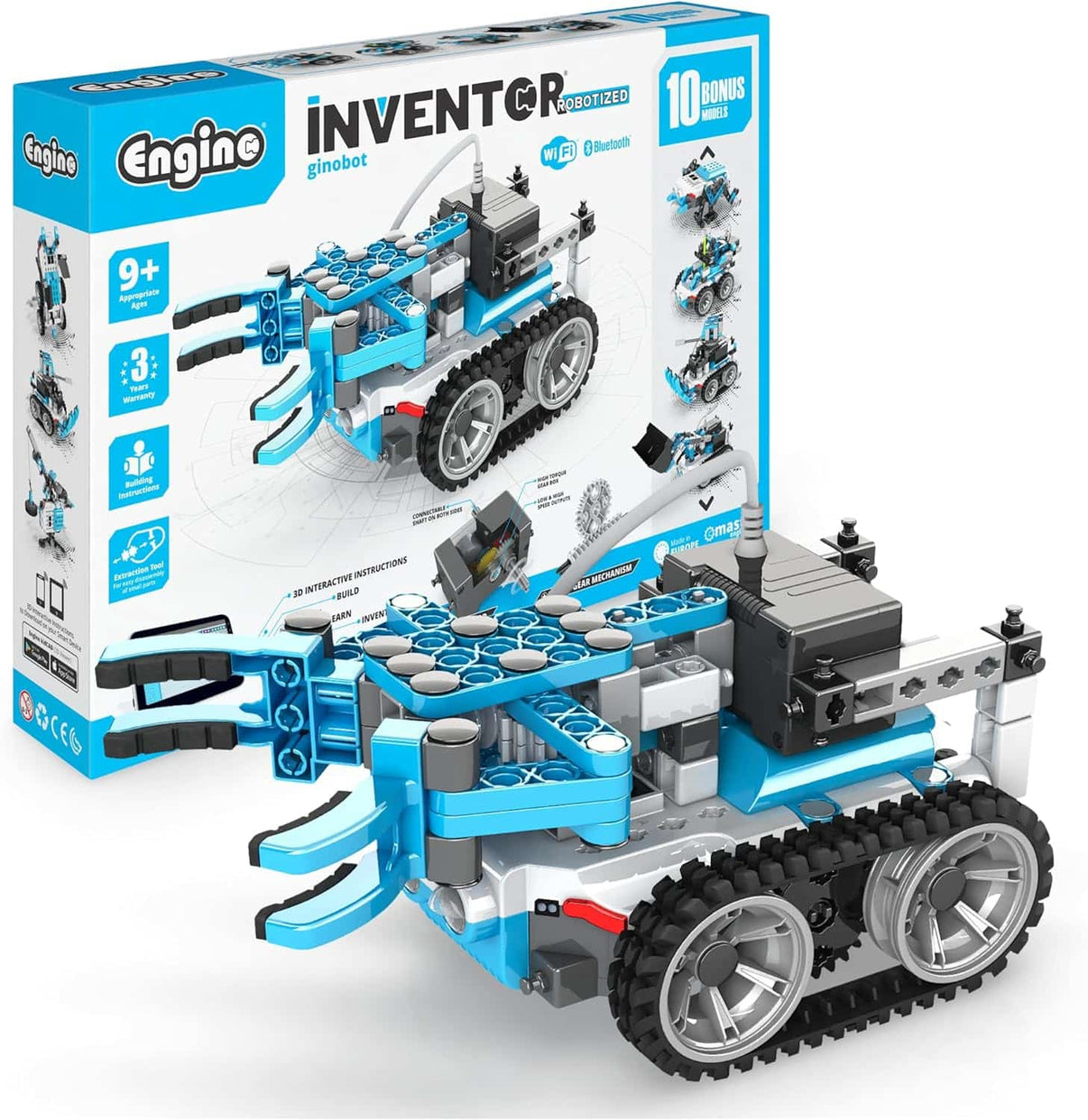 Mechanics building block set box with blue-and-gray vehicle robot model and parts