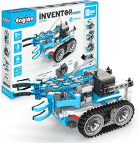 Mechanics building block set box with blue-and-gray vehicle robot model and parts