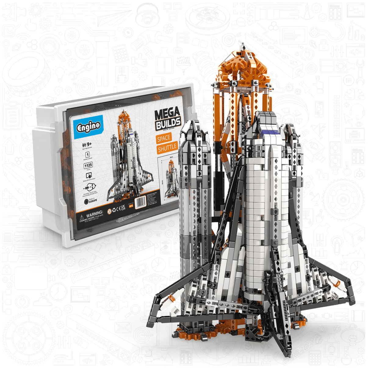 Space shuttle build model with product box in orange and gray