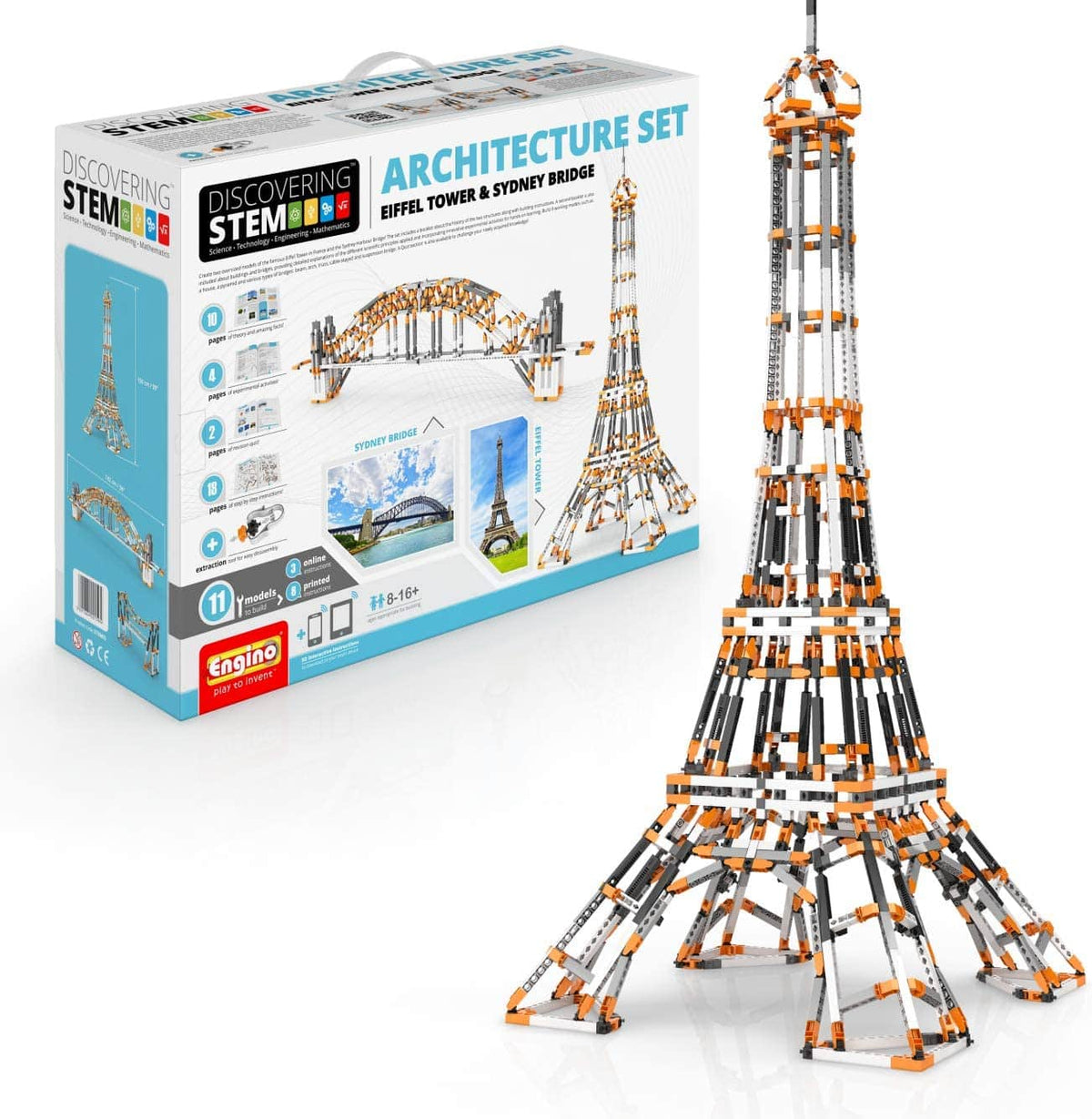 STEM architecture set box and Eiffel Tower style build with orange, black, and white rods