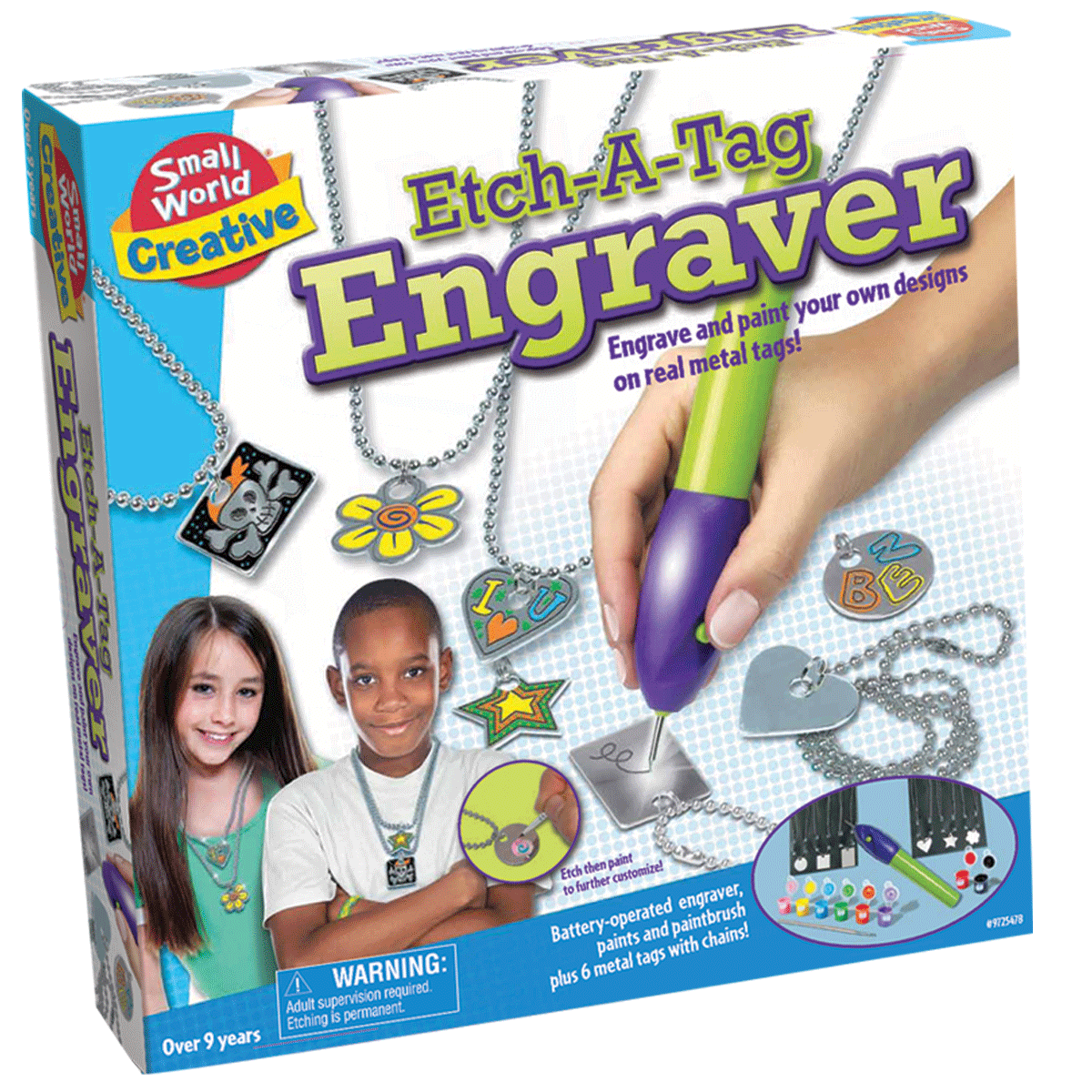 Etch-A-Tag Engraver kit box showing engraved tag and chain designs