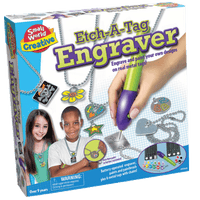 Etch-A-Tag Engraver kit box showing engraved tag and chain designs
