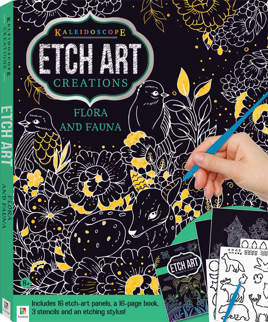 Etch art kit cover with flora and fauna designs and etching stylus
