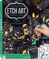 Etch art kit cover with flora and fauna designs and etching stylus