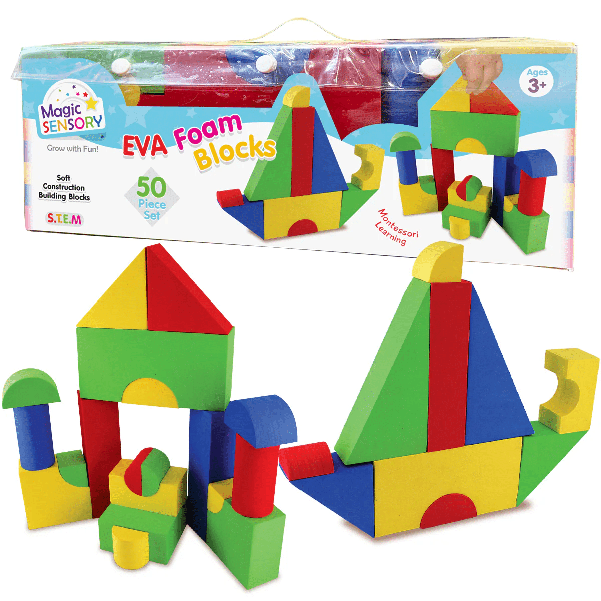 EVA foam building blocks set with colorful house, arch, and cube shapes (50 pieces)