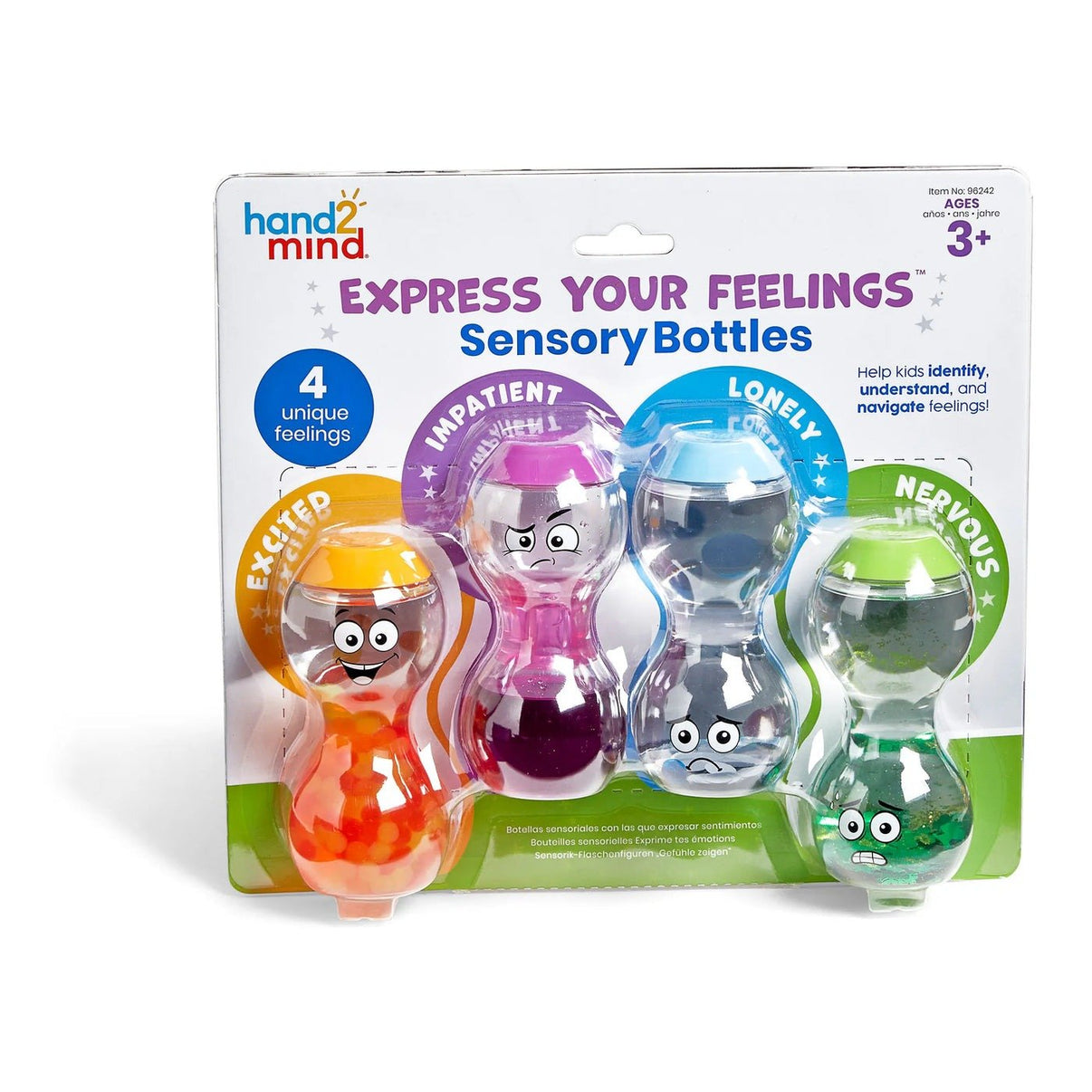 hand2mind sensory bottle set with 4 colorful character bottles in boxed packaging