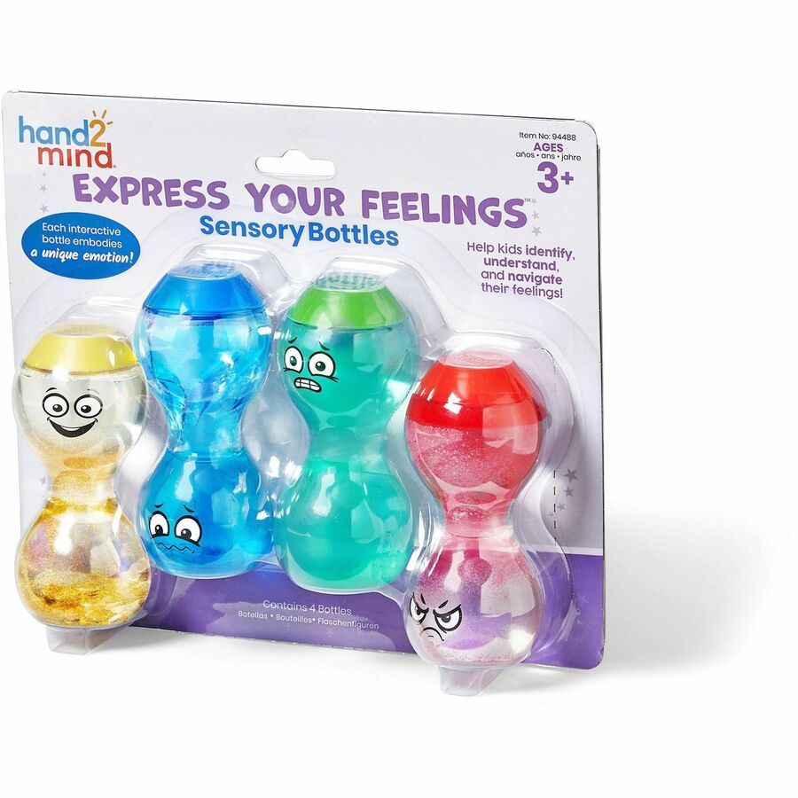 Hand2Mind emotion sensory bottles set with four character bottles in blister pack