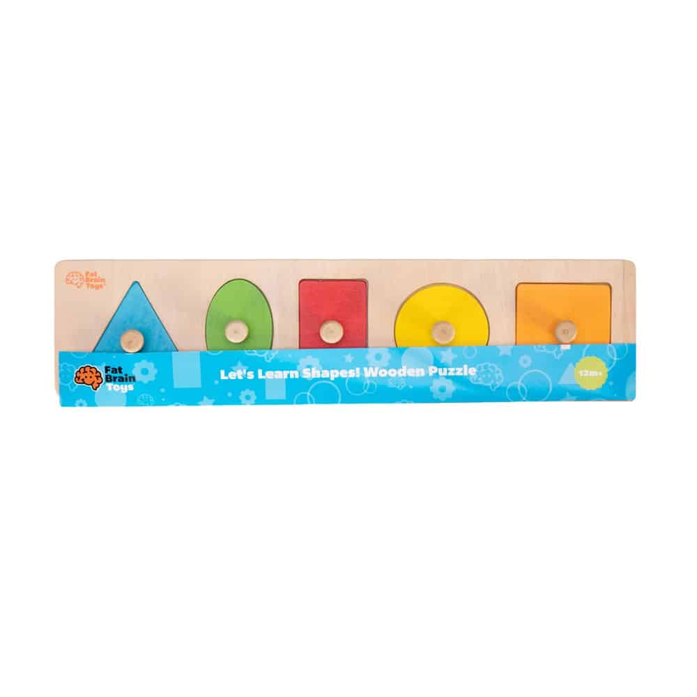 Wooden shape puzzle set with triangle, circle, square, pentagon and disk pieces