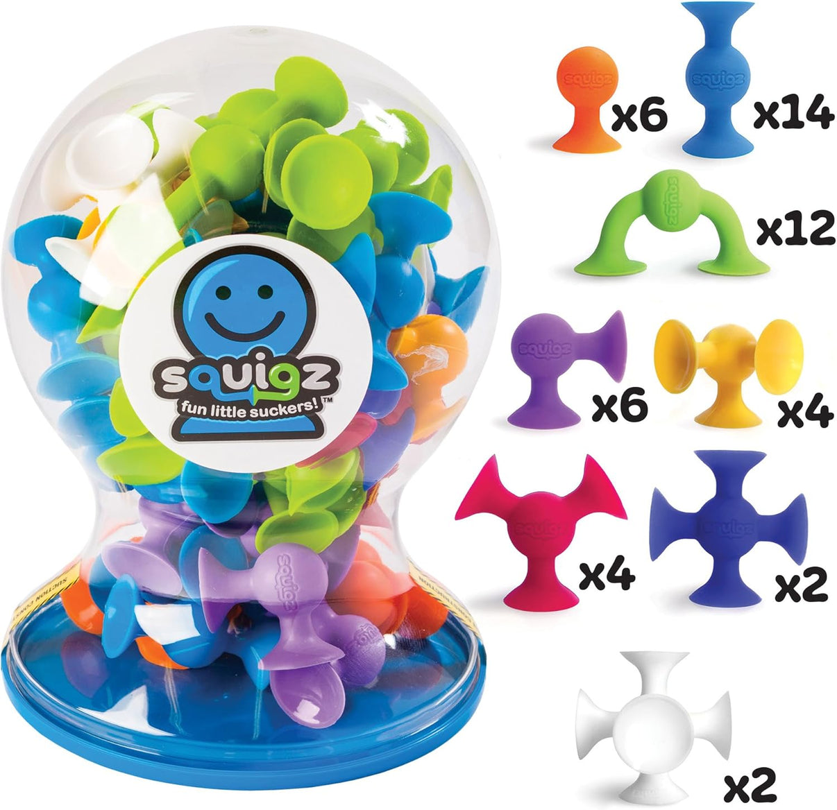 Assorted Squigz suction toy pieces in clear ball container with blue face logo