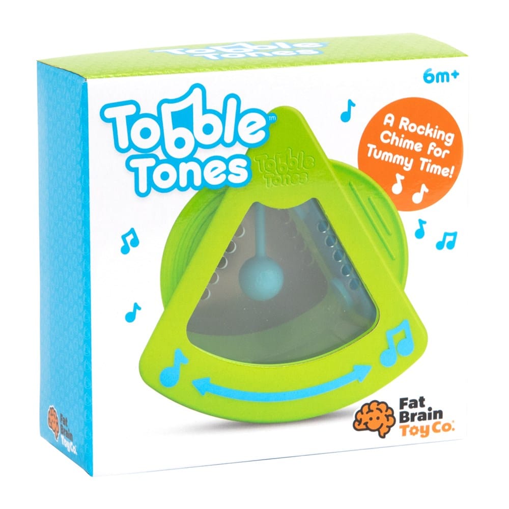 Toy box for Fat Brain Tobble Tones: green triangular rattle with blue musical icons