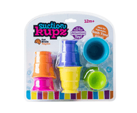 Stackable suction cups toy set with multicolor cups in blister packaging.