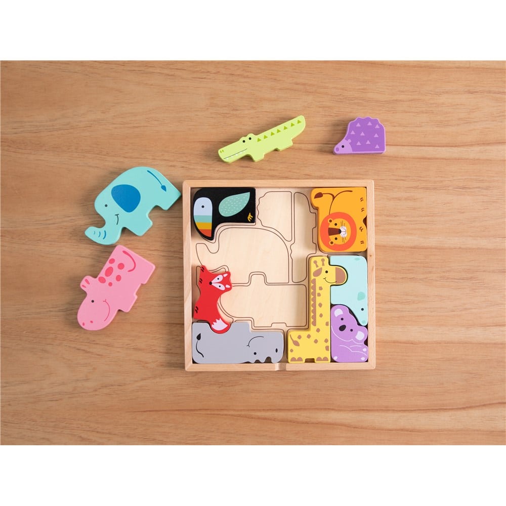 Animal block puzzle set with wooden frame and colorful animal pieces, arranged around box