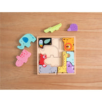 Animal block puzzle set with wooden frame and colorful animal pieces, arranged around box