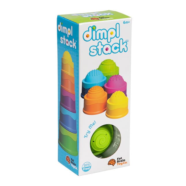 Kids stacking toy box with colorful nested cup pieces, BPA-free label