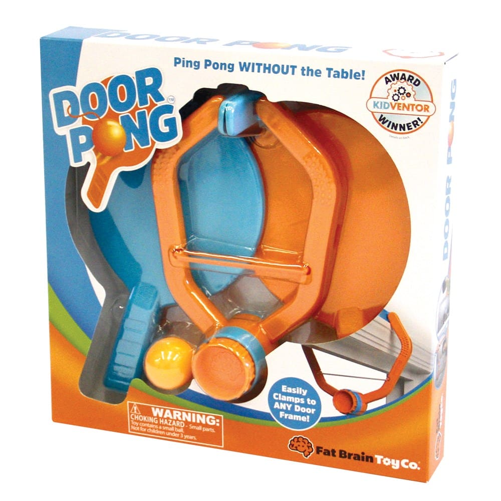 Door Pong game set box with two paddles and two balls for table-free ping pong.