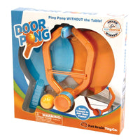Door Pong game set box with two paddles and two balls for table-free ping pong.