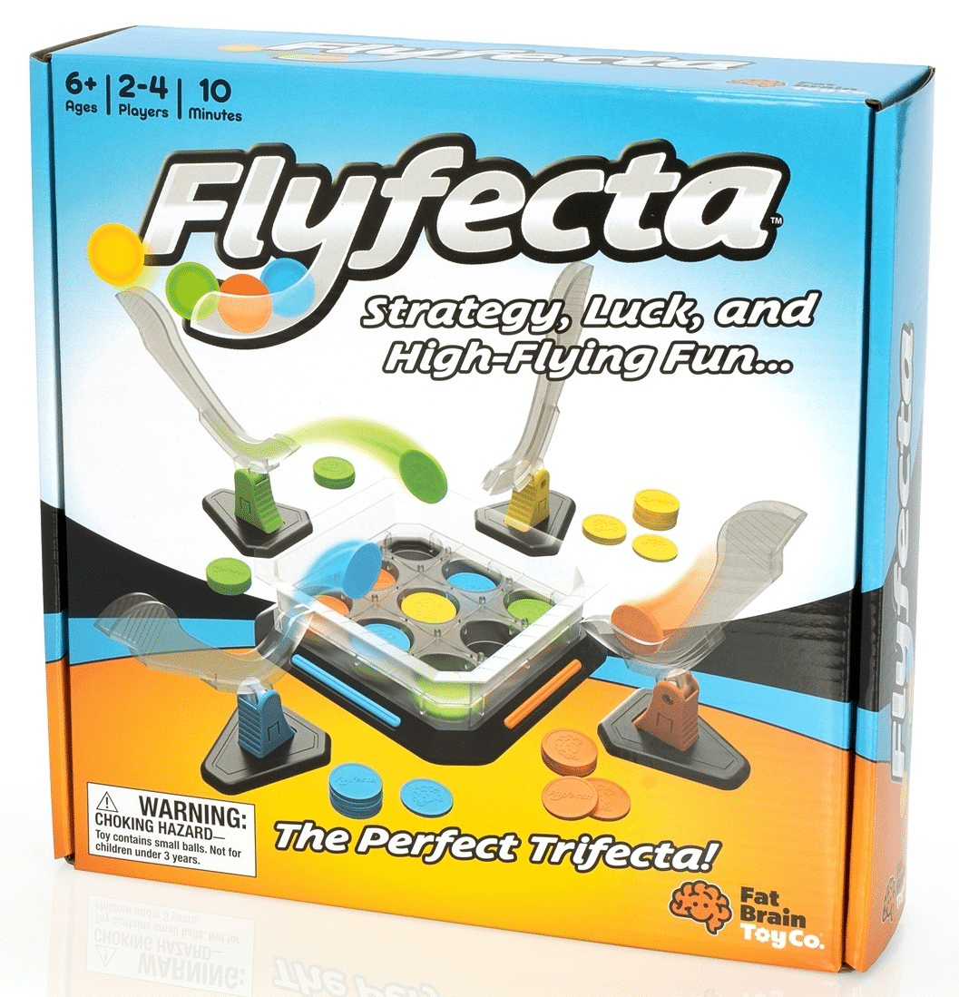 FlyFecta strategy board game box with colorful launcher pieces and coin discs